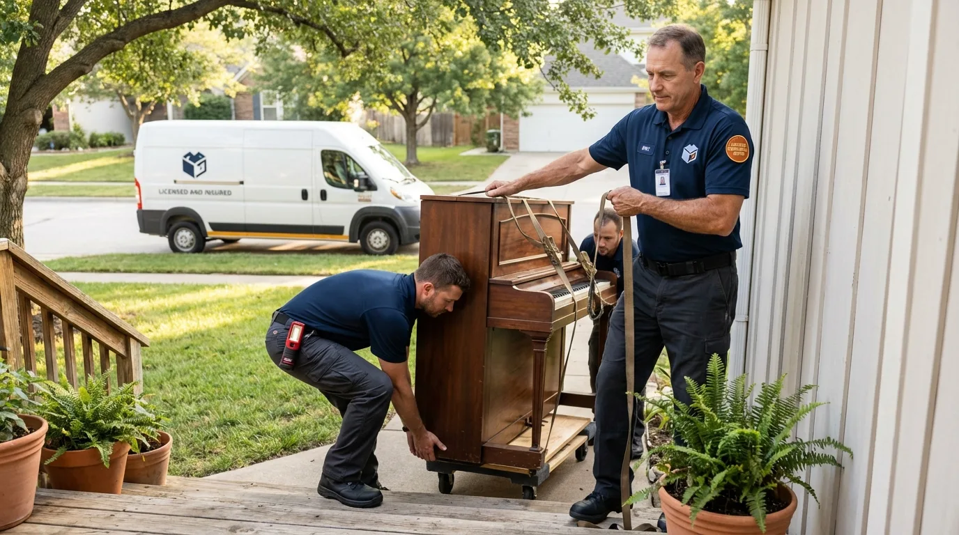 Licensed piano movers securing grand piano in Minot, ME