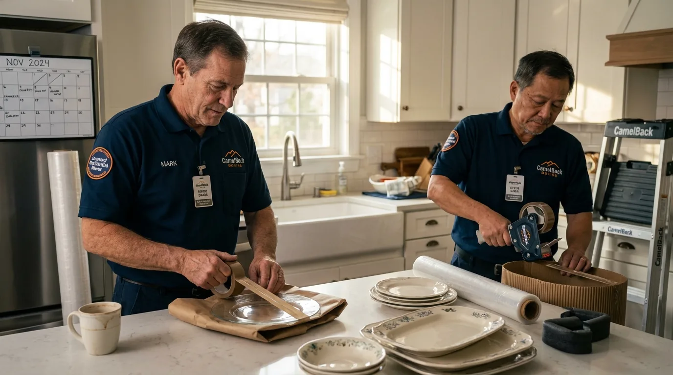 Professional crew packing kitchen dishware in Minot, ME